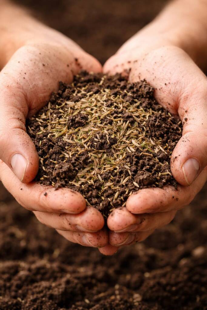 Nasiona trawy wymieszane z ziemią trzymane w ludzkich dłoniach – przygotowanie do wysiewu trawnika
