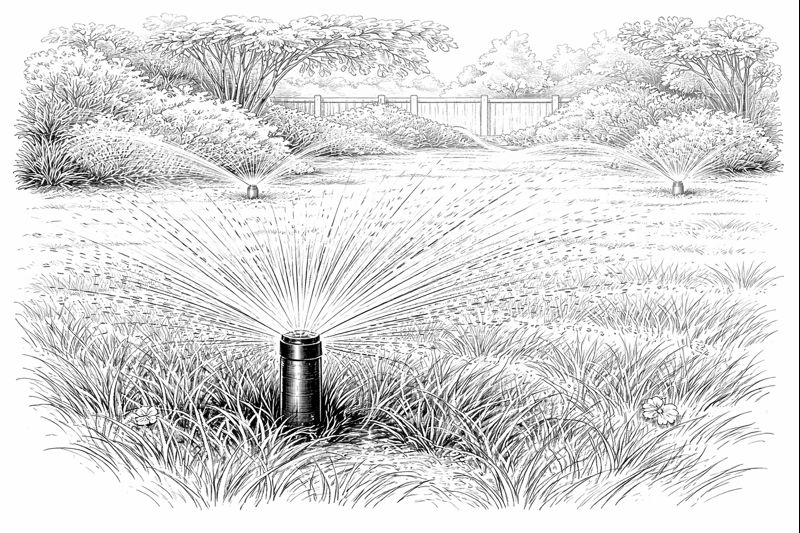 Nawadnianie trawnika – czarno-biała ilustracja liniowa systemu zraszaczy