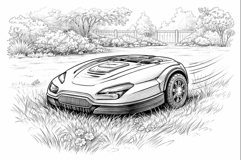 Robot koszący trawnik – czarno-biała ilustracja liniowa