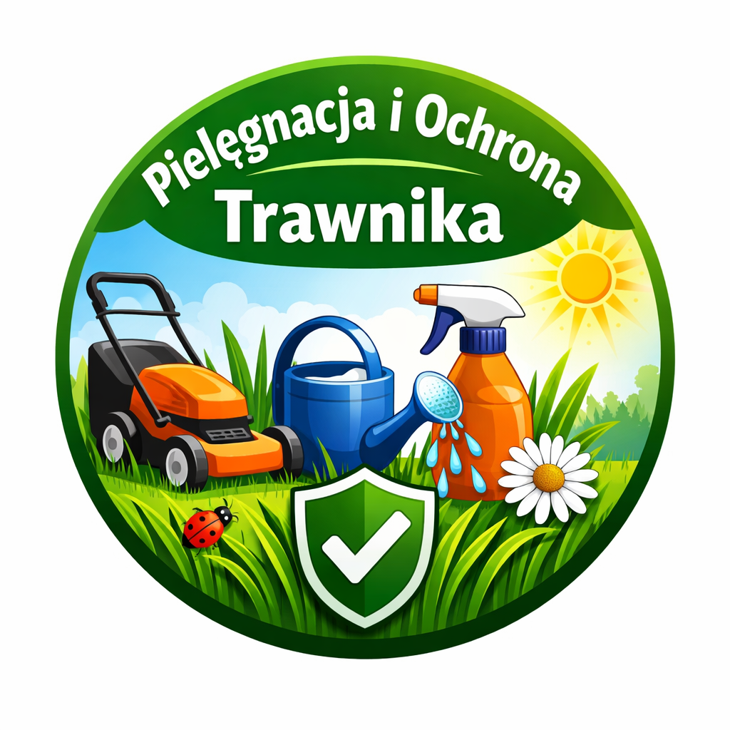 Ilustracja przedstawiająca pielęgnacja i ochrona trawnika z kosiarką, konewką, opryskiwaczem i symbolem ochrony na zielonej trawie.