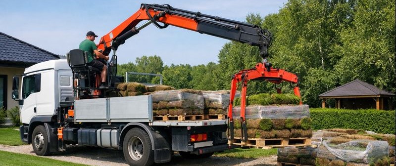 rozładunek trawy dźwigiem przenośnym u klienta na podjeździe