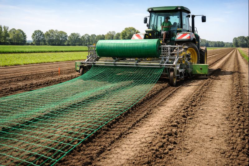 Od siewu do wycinki trawy cz2: traktor rozwijający siatkę wzmacniającą na plantacji trawy z rolki