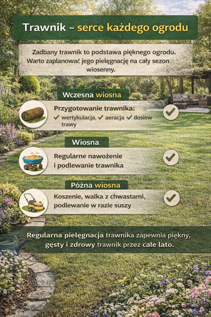 Trawnik w ogrodzie – infografika pokazująca pielęgnację trawnika wiosną, nawożenie, koszenie i podlewanie