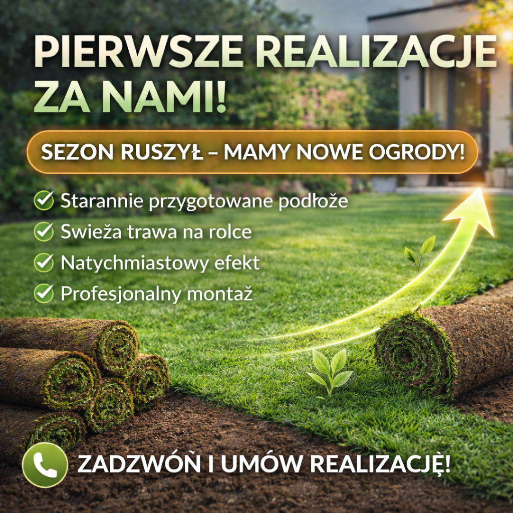 Pierwsze realizacje trawy na rolce w nowym sezonie – świeżo ułożony, gęsty zielony trawnik przy domu jednorodzinnym.