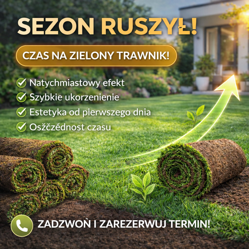 Świeżo ułożony zielony trawnik w ogrodzie z napisem „Sezon ruszył”, symbolizujący rozpoczęcie wiosennych prac i montaż trawy z rolki.