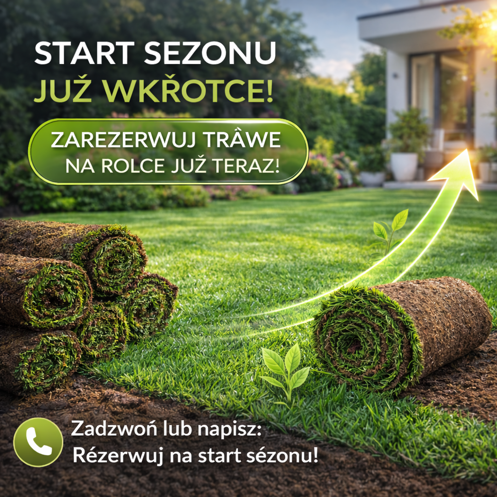 Zielony trawnik w ogrodzie na początku wiosny z napisem start sezonu już wkrótce, symbolizujący rozpoczęcie prac ogrodowych.