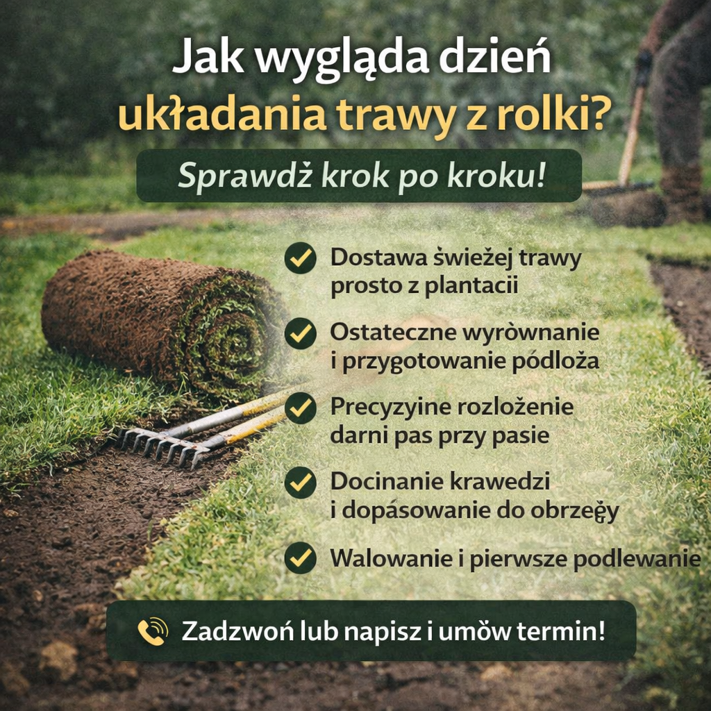 Jak wygląda dzień układania trawy z rolki – montaż darni, rozkładanie pasów i wałowanie świeżego trawnika w ogrodzie