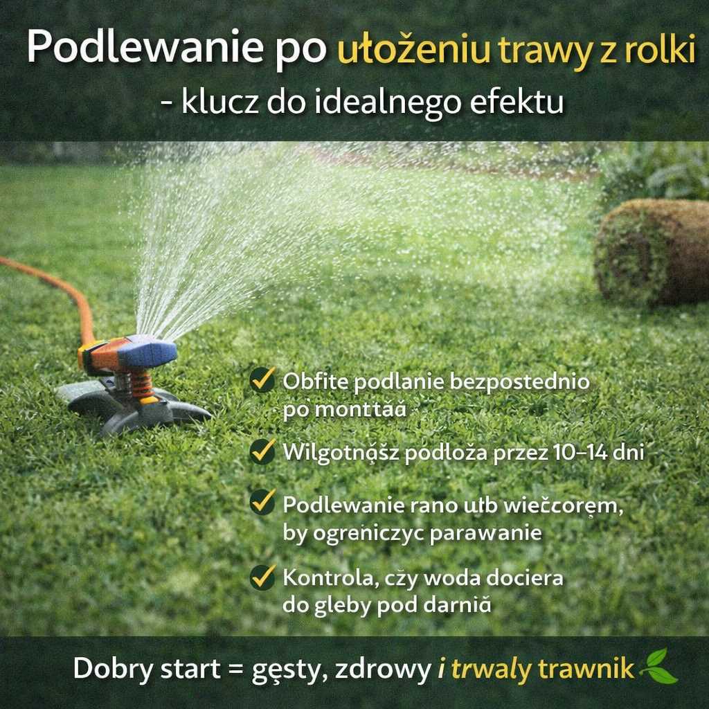 Podlewanie po ułożeniu trawy z rolki – zraszacz nawadniający świeżo zamontowany trawnik w ogrodzie