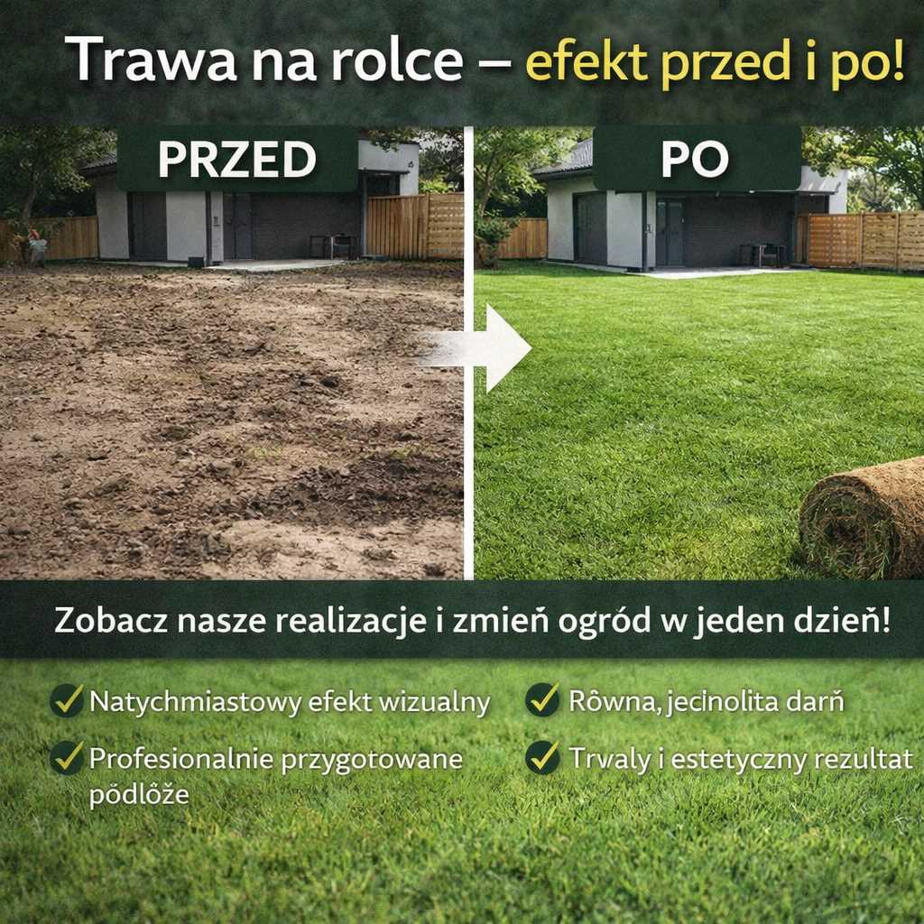 Realizacje przed i po – metamorfoza ogrodu z montażem trawy z rolki, efekt zielonego trawnika po jednym dniu pracy