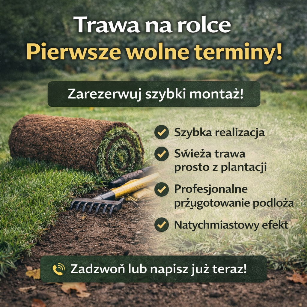 Trawa na rolce – pierwsze wolne terminy montażu trawnika, zielona darń przygotowana do realizacji w ogrodzie