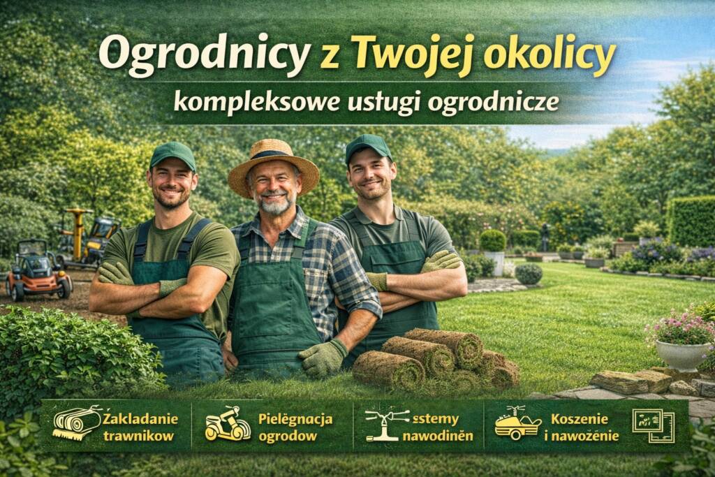 Grafika przedstawiająca lokalnych ogrodników oferujących zakładanie trawników, pielęgnację ogrodów, systemy nawodnień oraz koszenie i nawożenie na terenie Śląska.