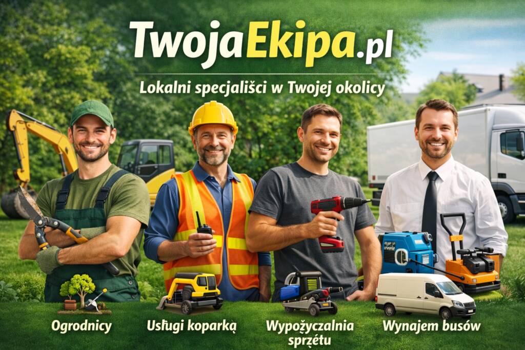 Grafika promocyjna Twoja Ekipa przedstawiająca lokalnych specjalistów: ogrodnika, operatora koparki, wypożyczalnię sprzętu oraz wynajem busów i aut ciężarowych.