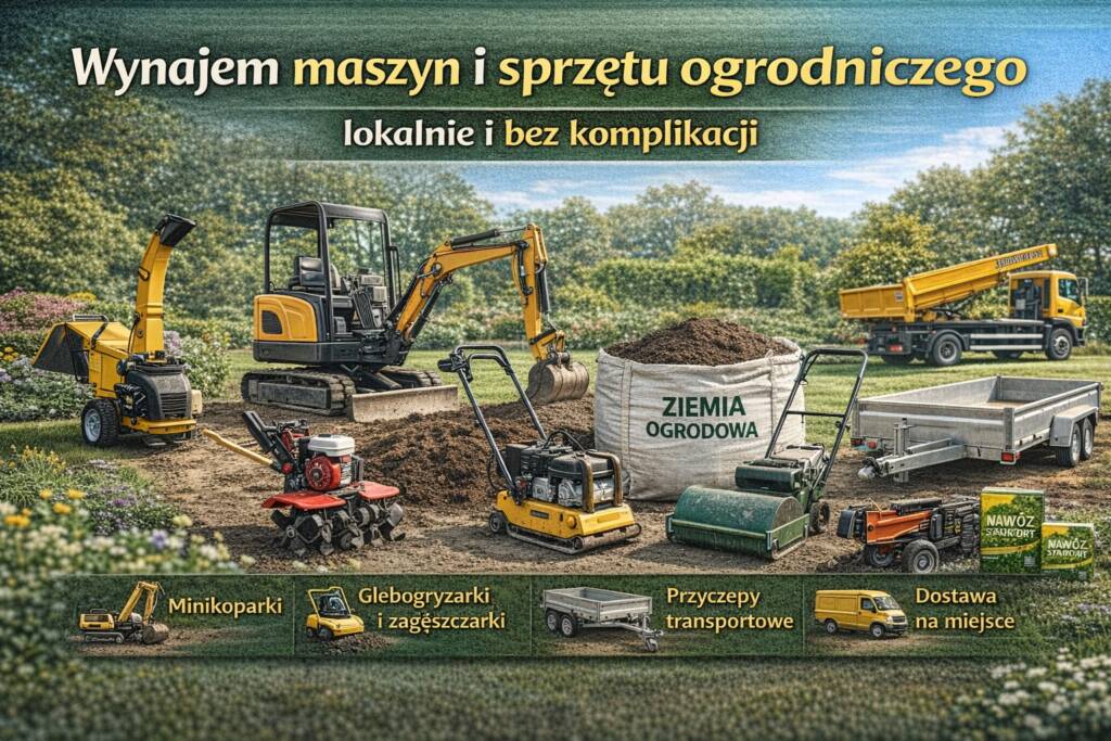 Oferta wynajmu maszyn i sprzętu ogrodniczego – minikoparka, glebogryzarka, zagęszczarka i przyczepa transportowa z możliwością lokalnej dostawy na teren ogrodu.