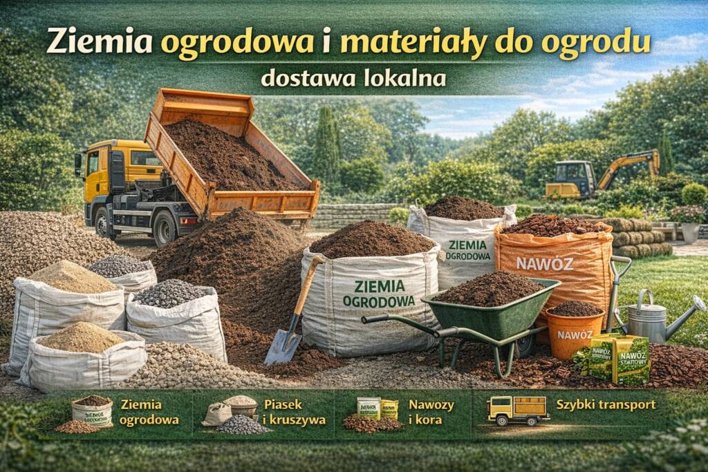 Transport ziemi ogrodowej z lokalną dostawą – ciężarówka wysypująca podłoże, worki z ziemią, nawozy, piasek i kruszywa przygotowane do założenia ogrodu.