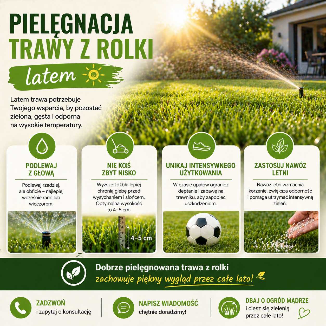 Pielęgnacja trawy z rolki latem - podlewanie i ochrona trawnika