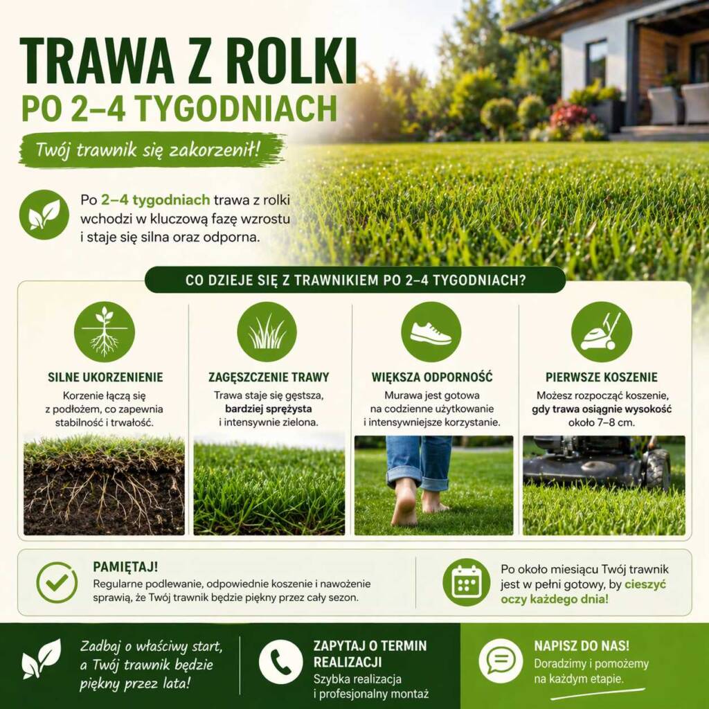 Trawa po 2 – 4 tygodniach od montażu – zagęszczony i ukorzeniony trawnik w ogrodzie