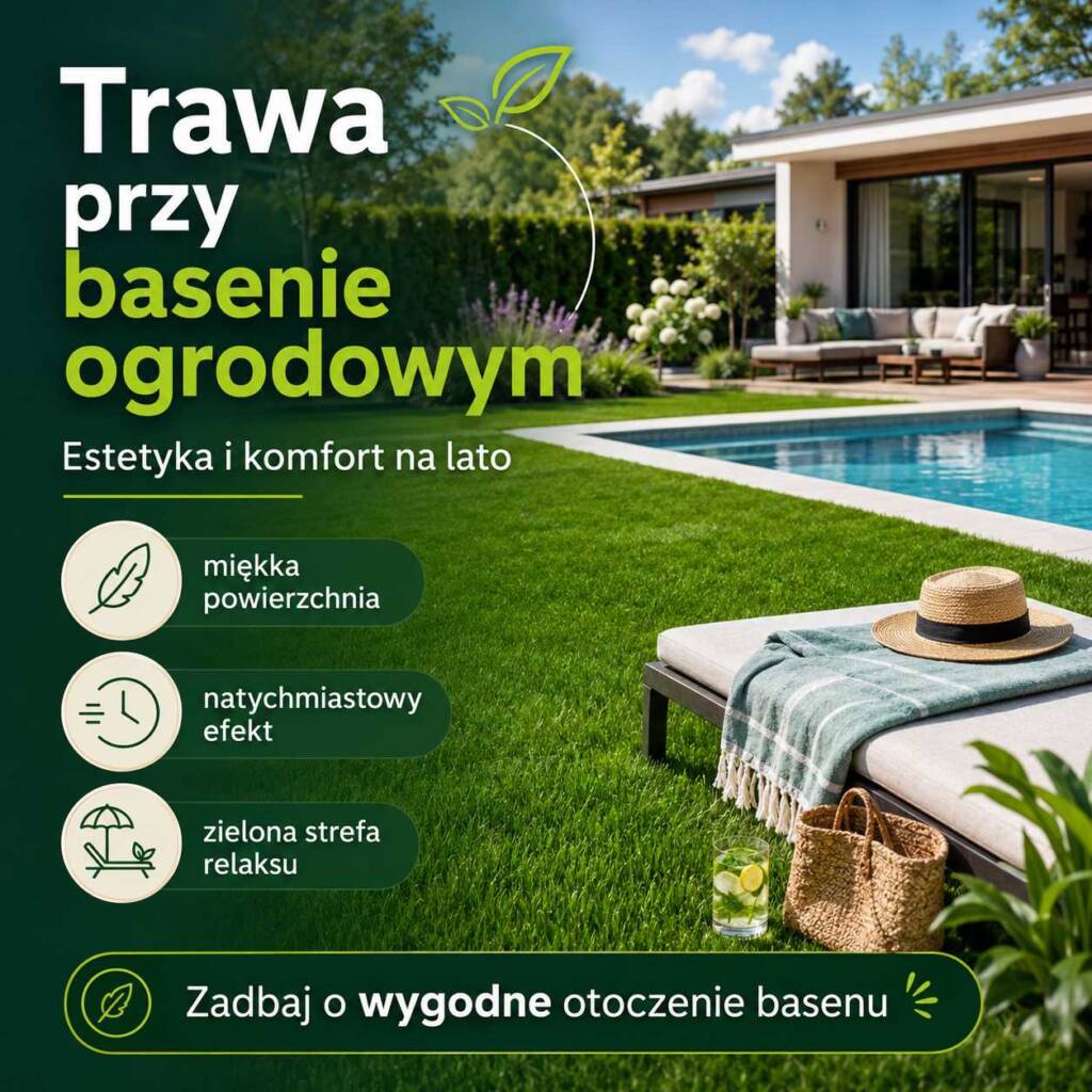 Trawa przy basenie ogrodowym – zielony trawnik z rolki wokół strefy relaksu w ogrodzie