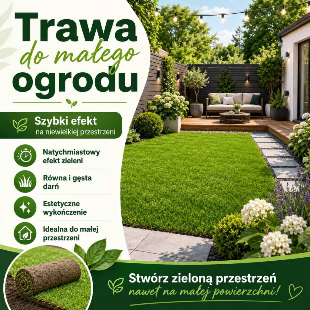 Trawa do małego ogrodu – zielony trawnik z rolki przy tarasie i nowoczesnej przestrzeni wypoczynkowej