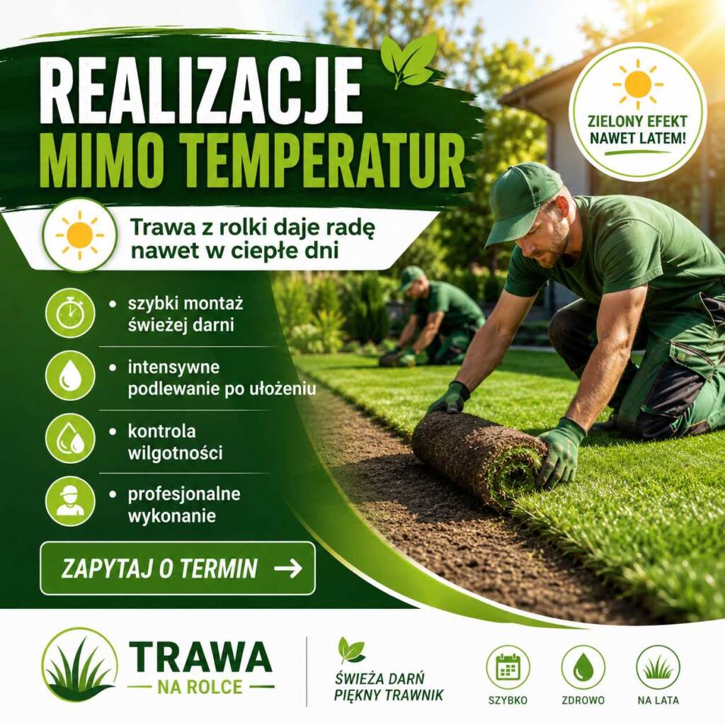 Realizacje mimo temperatur – układanie trawy z rolki w słoneczny dzień i podlewanie świeżego trawnika