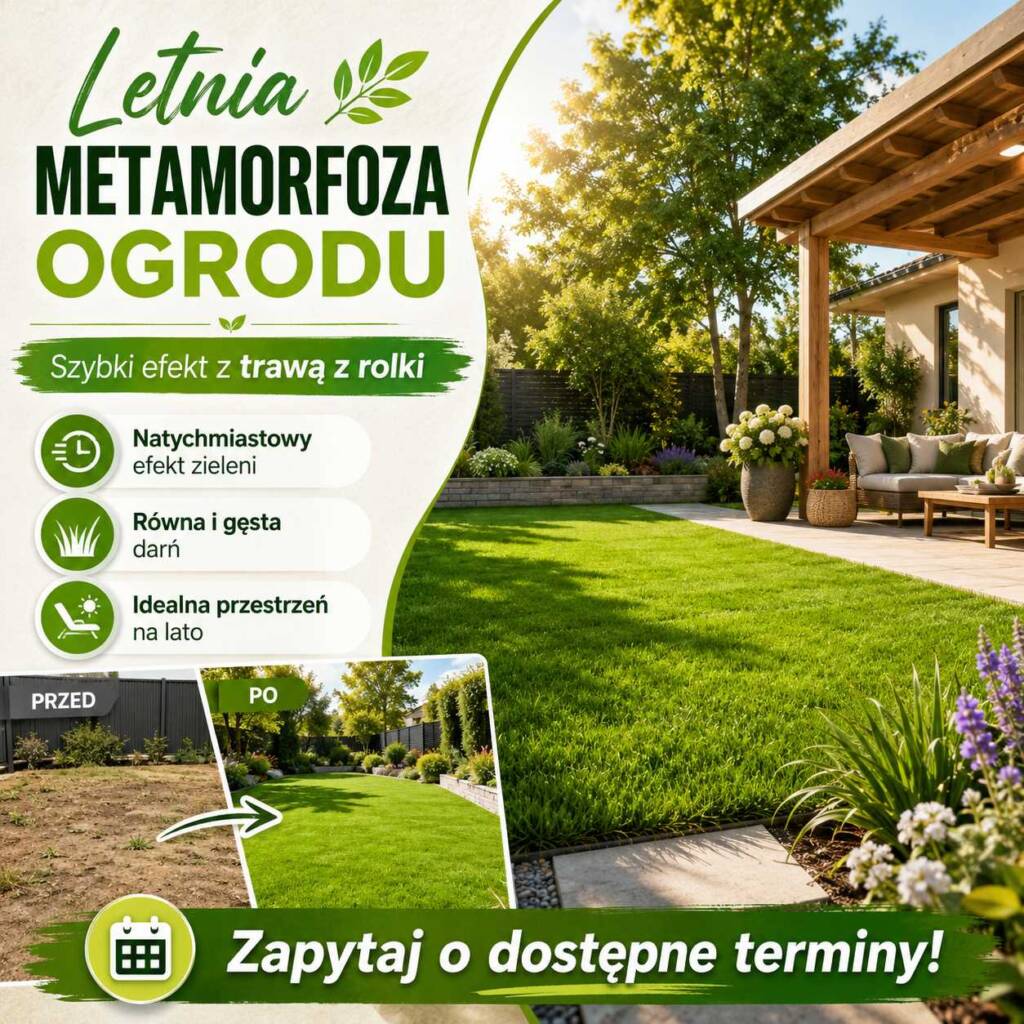Letnia metamorfoza ogrodu – trawa z rolki, zielony trawnik i świeża przestrzeń do relaksu przy domu