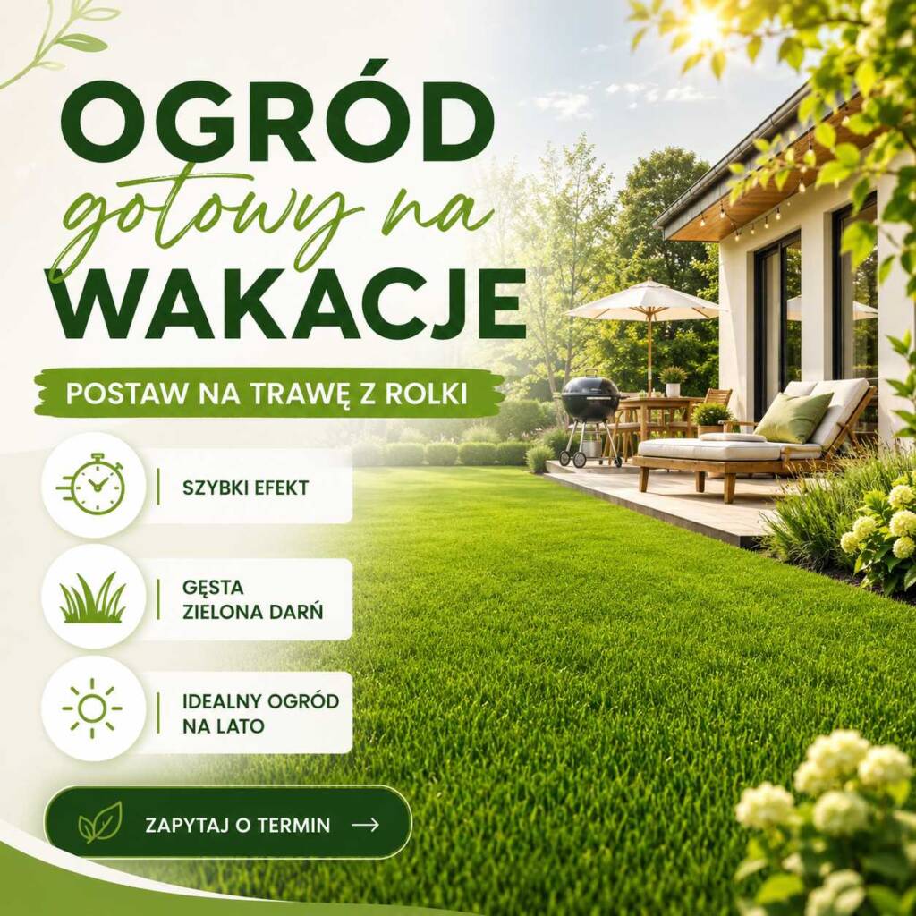 Ogród gotowy na wakacje – zielony trawnik z rolki, leżaki i letnia strefa relaksu przy domu