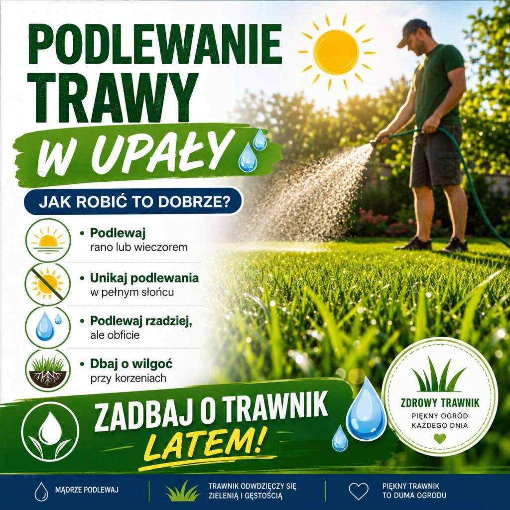 Podlewanie trawy w upały – zraszacz nawadniający zielony trawnik w ogrodzie podczas letniego dnia