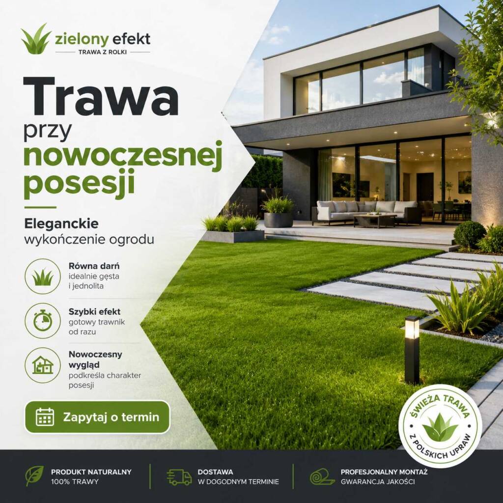 Trawa przy nowoczesnej posesji – zielony trawnik z rolki wokół eleganckiego domu, tarasu i podjazdu