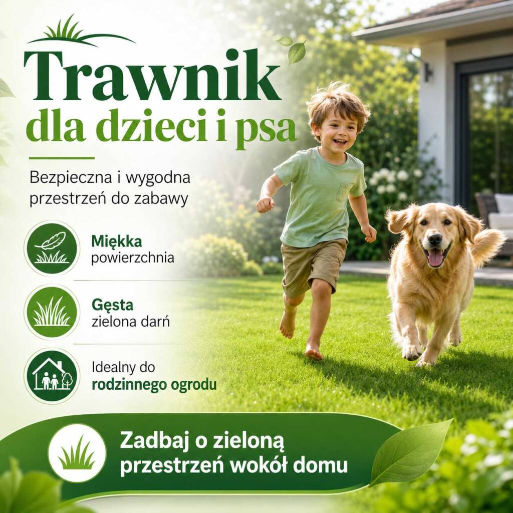 Trawnik dla dzieci i psa – zielona trawa z rolki w ogrodzie rodzinnym do zabawy i odpoczynku