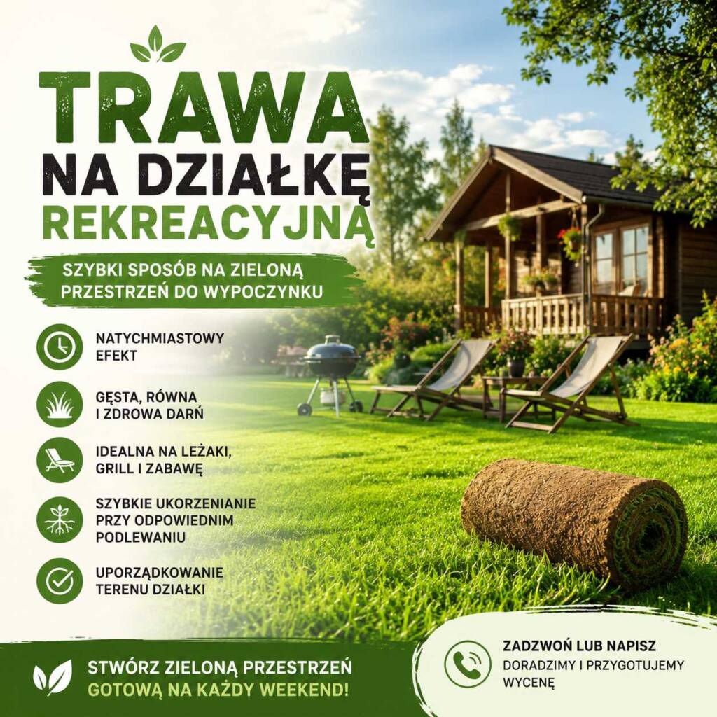 Trawa na działkę rekreacyjną – zielony trawnik z rolki przy domku letniskowym i strefie wypoczynku
