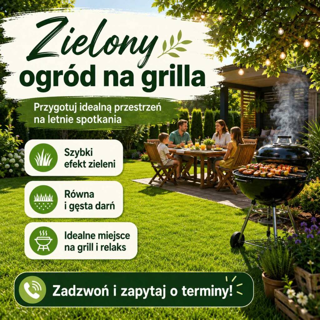 Zielony ogród na grilla – trawa z rolki, strefa wypoczynku i letnie spotkanie przy grillu