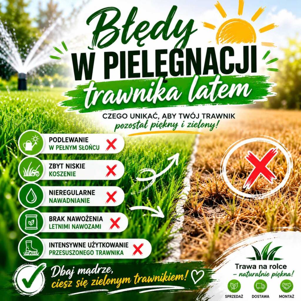 błędy w pielęgnacji trawnika latem przesuszona i zielona trawa porównanie podlewanie koszenie trawa na rolce