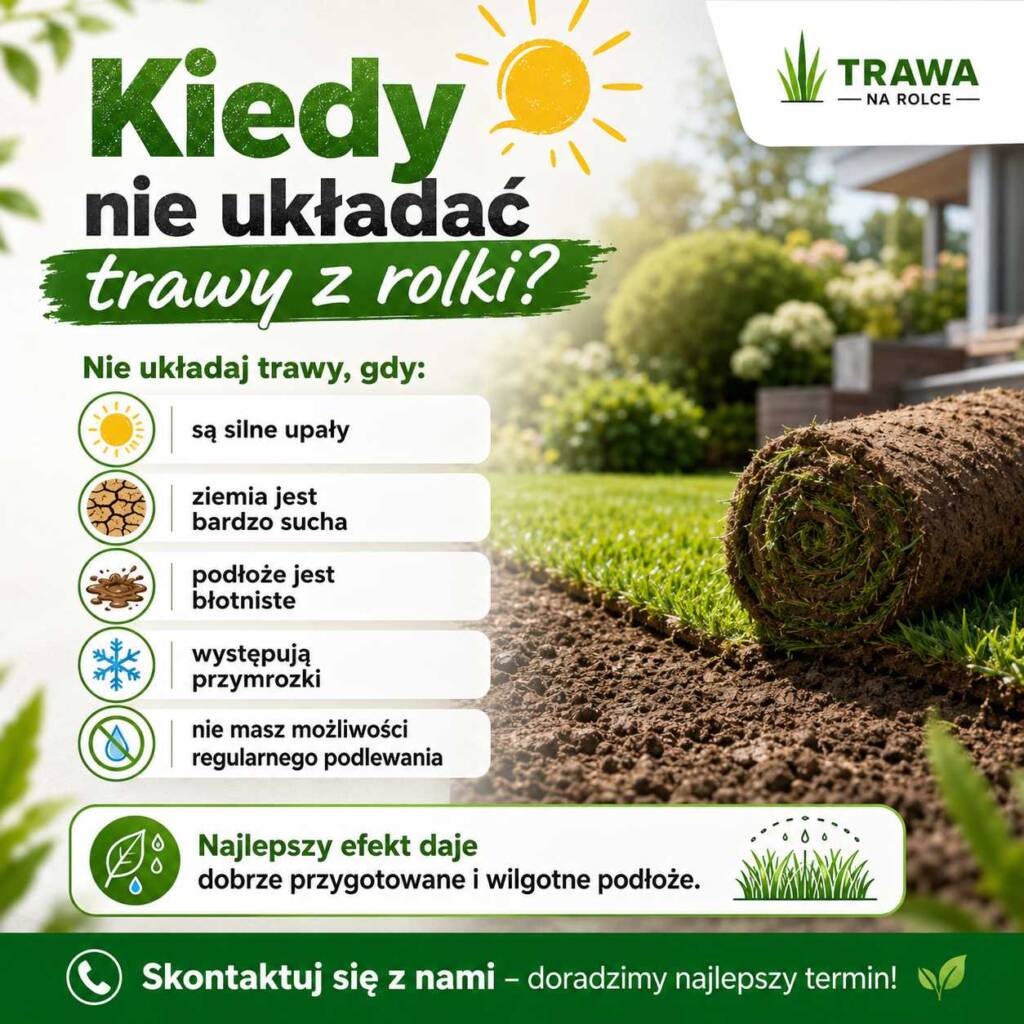 kiedy nie układać trawy z rolki niekorzystne warunki upał suche podłoże błoto przymrozki podlewanie trawnika