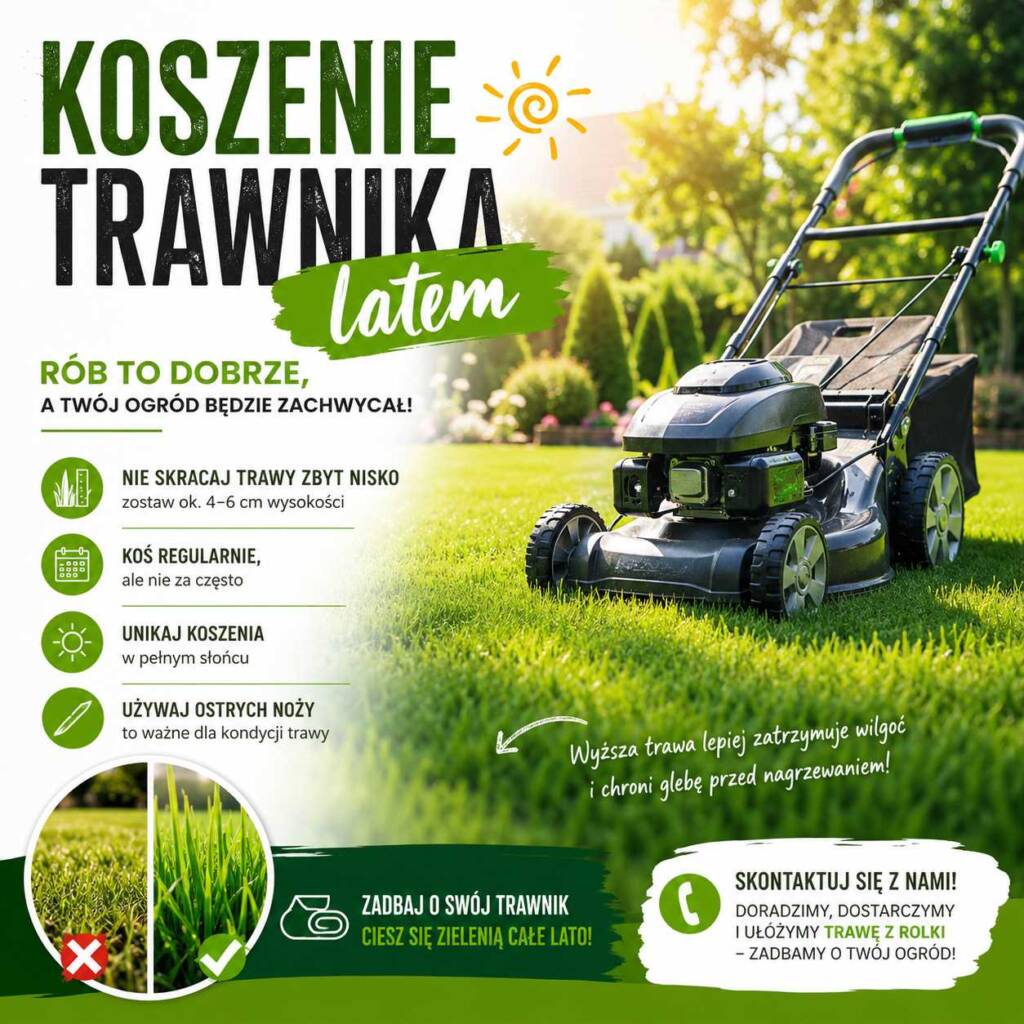 koszenie trawnika latem prawidłowa wysokość trawy zielony trawnik koszenie w ogrodzie pielęgnacja trawnika