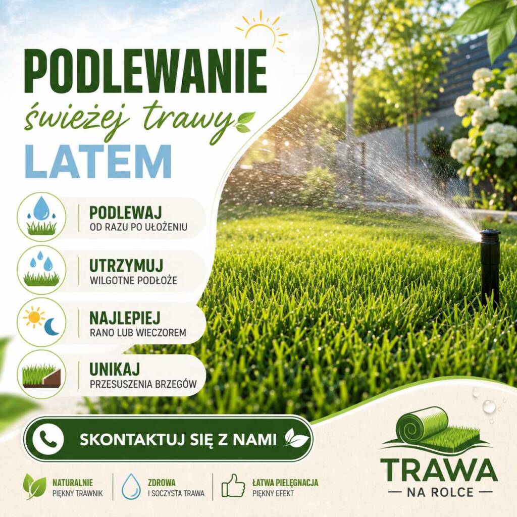 podlewanie świeżej trawy latem trawa z rolki zraszacz nawadnianie trawnika zielony ogród w upalne dni