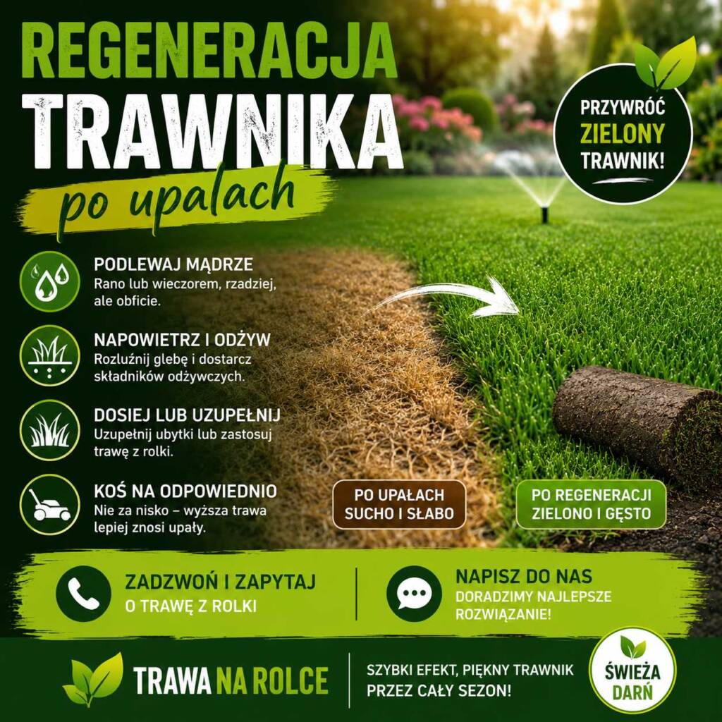 Regeneracja trawnika po upałach – zielona trawa z rolki uzupełniająca suche i zniszczone miejsca w ogrodzie