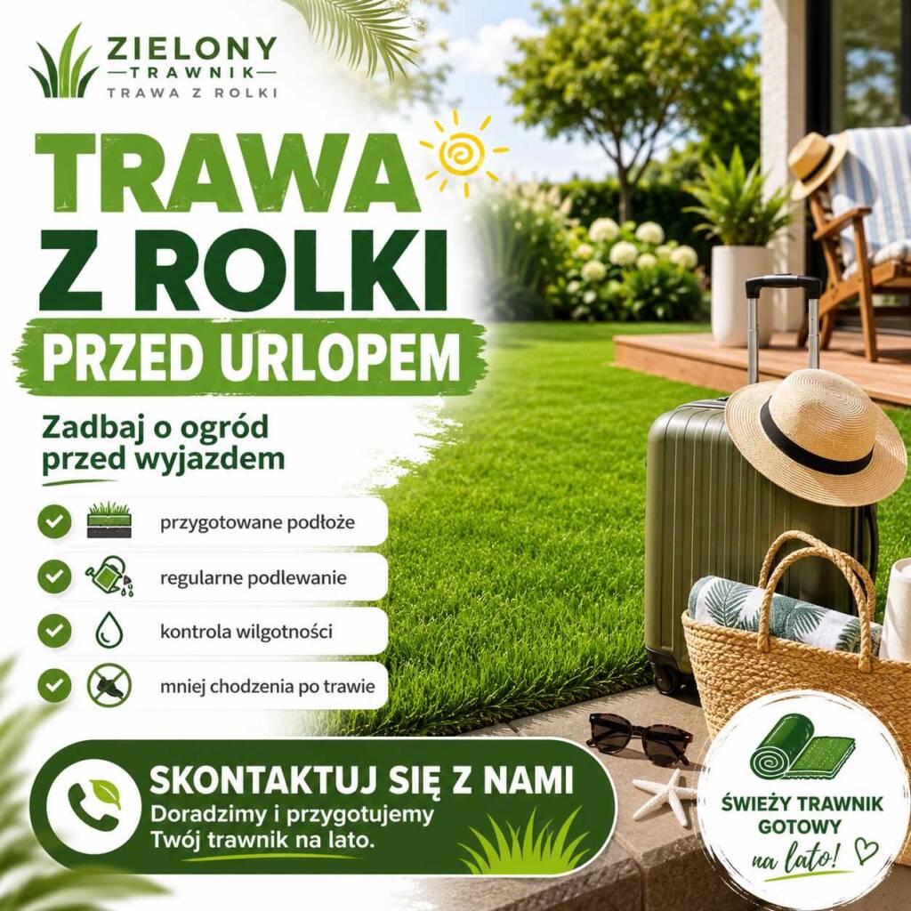 trawa z rolki przed urlopem zielony trawnik podlewanie ogrodu przed wyjazdem automatyczne nawadnianie latem