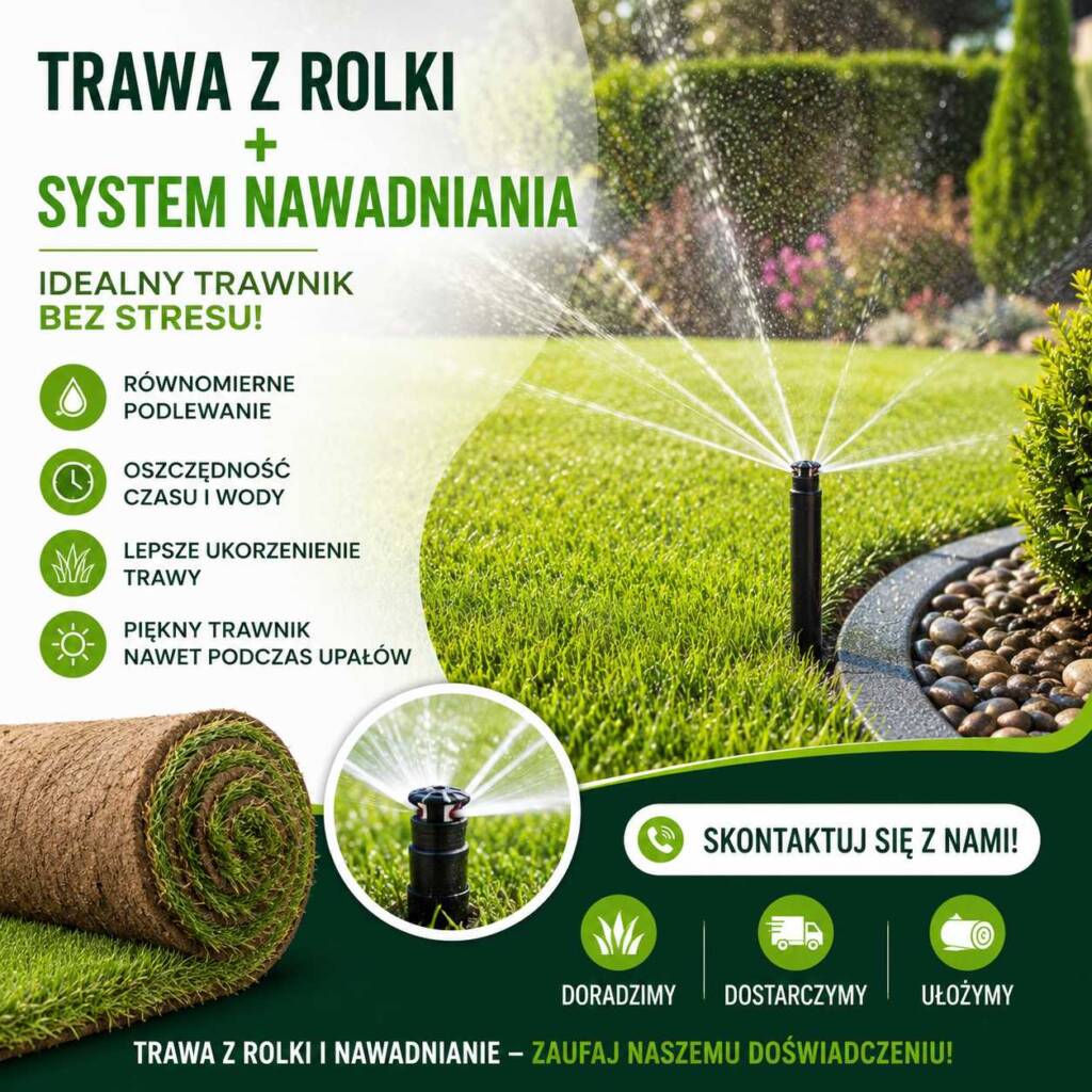 trawa z rolki i system nawadniania zielony trawnik zraszacze automatyczne podlewanie ogród latem