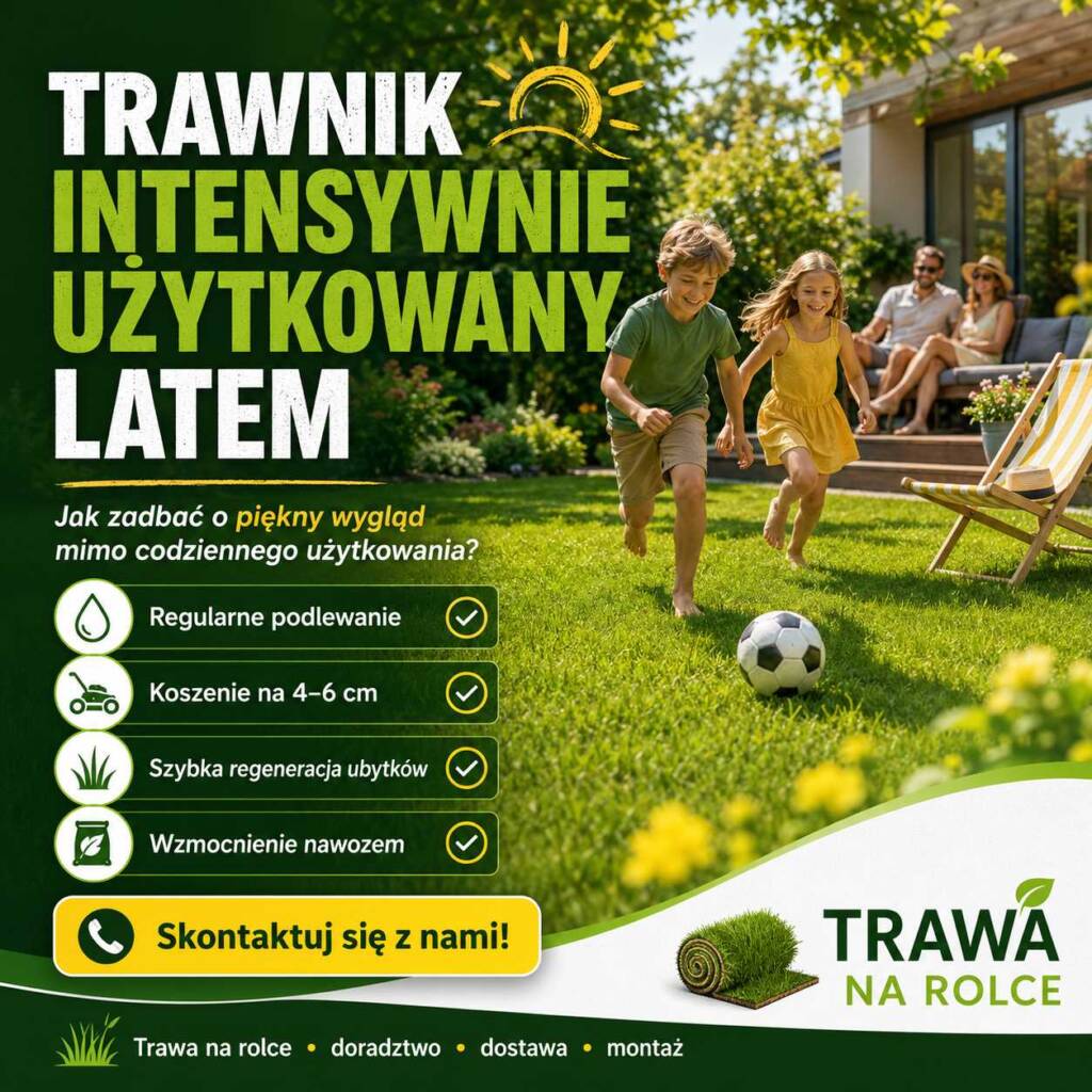 trawnik intensywnie użytkowany latem zielona trawa w ogrodzie zabawa dzieci pielęgnacja trawnika trawa z rolki