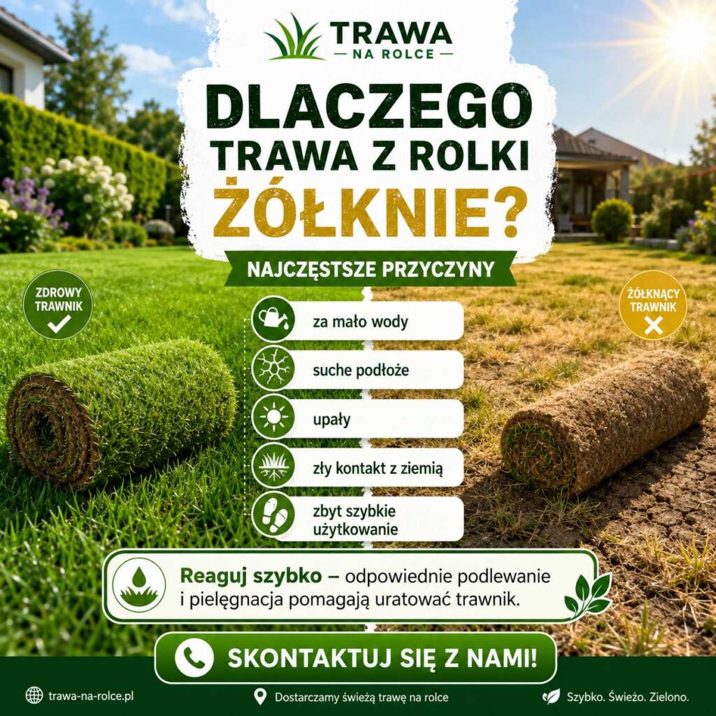 trawa z rolki żółknie po ułożeniu przyczyny żółtych plam podlewanie podłoże i pielęgnacja świeżego trawnika