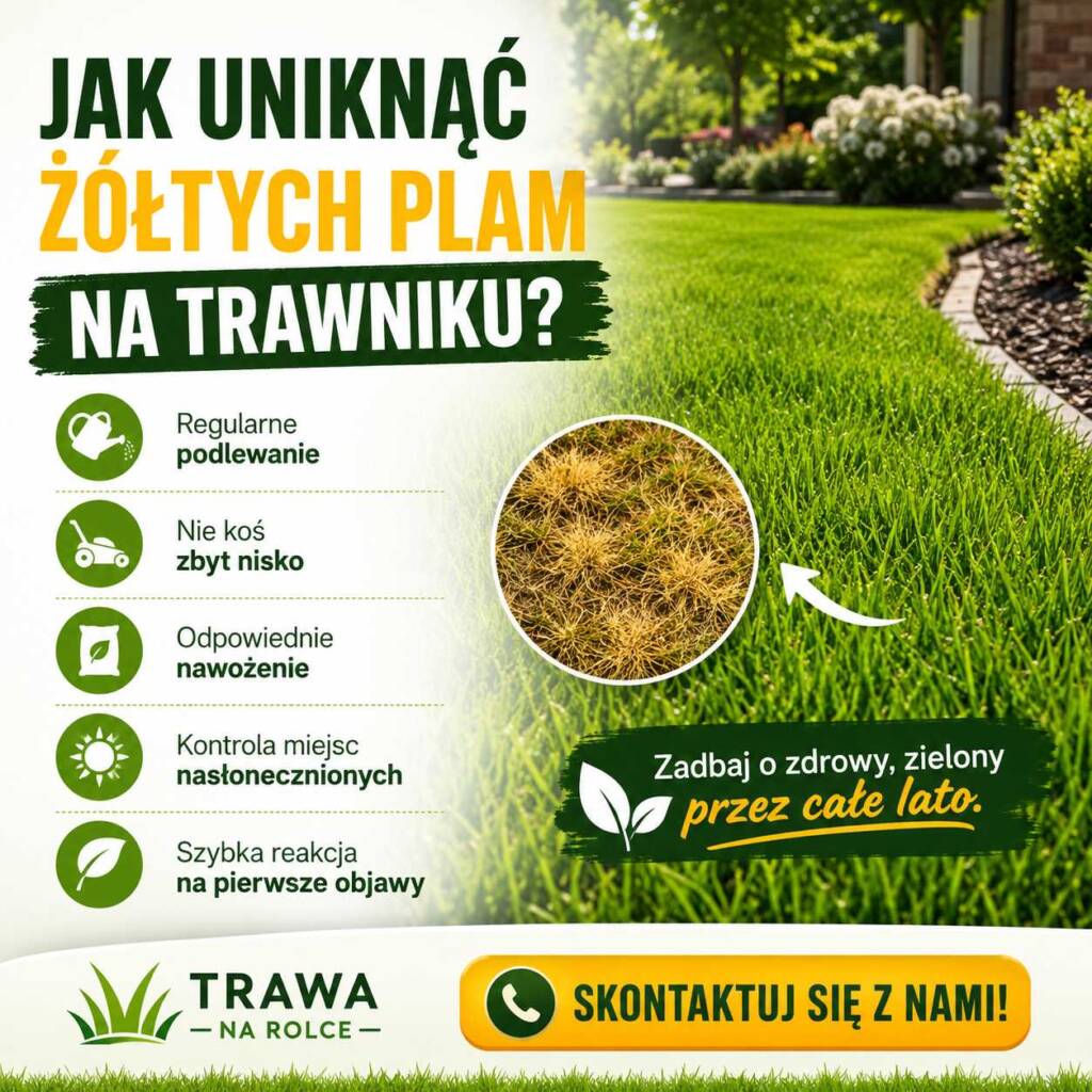 Jak uniknąć żółtych plam na trawniku? żółte plamy na trawniku latem pielęgnacja trawy podlewanie koszenie i regeneracja trawnika z rolki