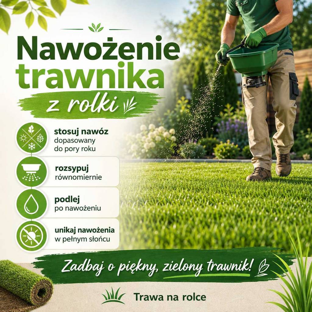 nawożenie trawnika z rolki rozsypywanie nawozu na zielonej darni podlewanie i pielęgnacja trawy w ogrodzie