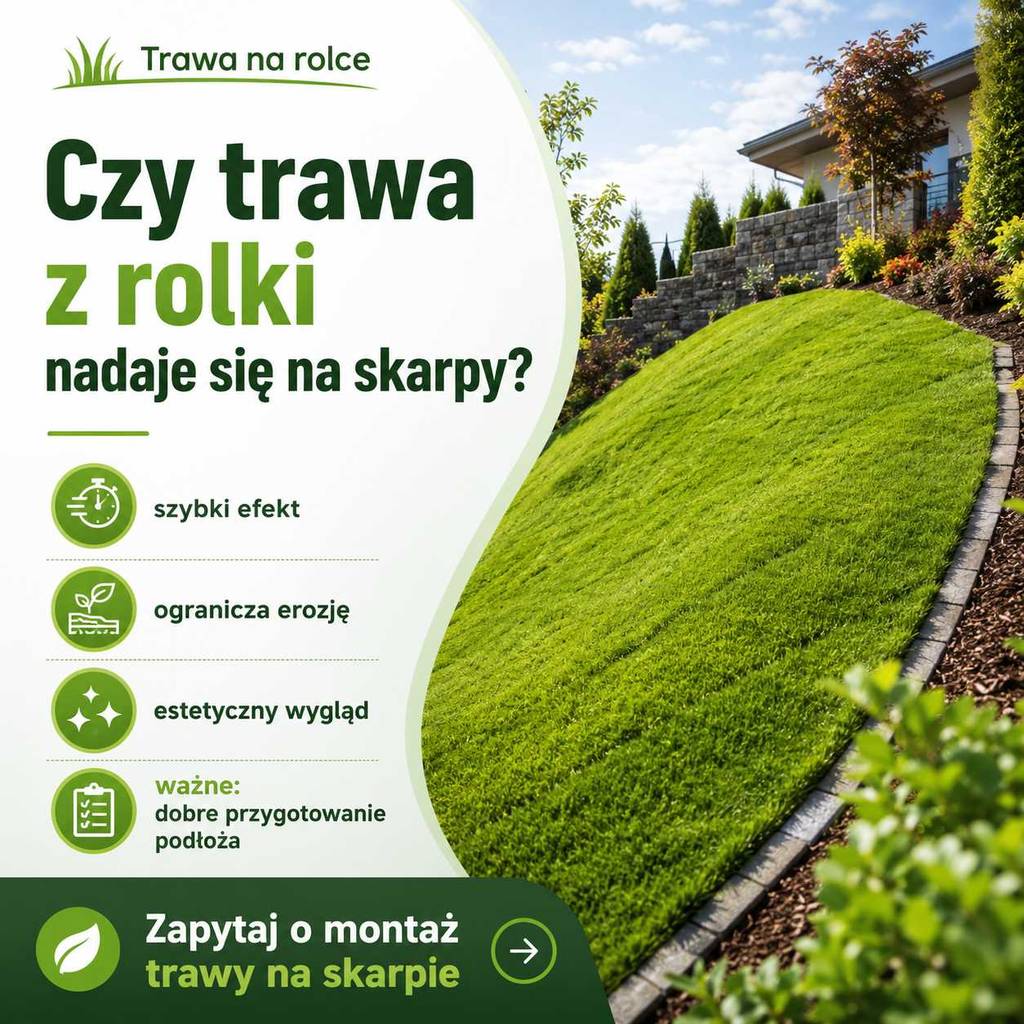 trawa z rolki na skarpie pochyły teren w ogrodzie przygotowanie podłoża i montaż zielonego trawnika