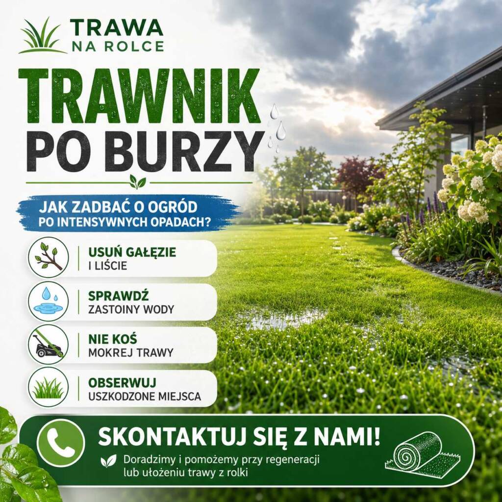 trawnik po burzy mokra trawa po intensywnych opadach regeneracja darni usuwanie liści i gałęzi z ogrodu