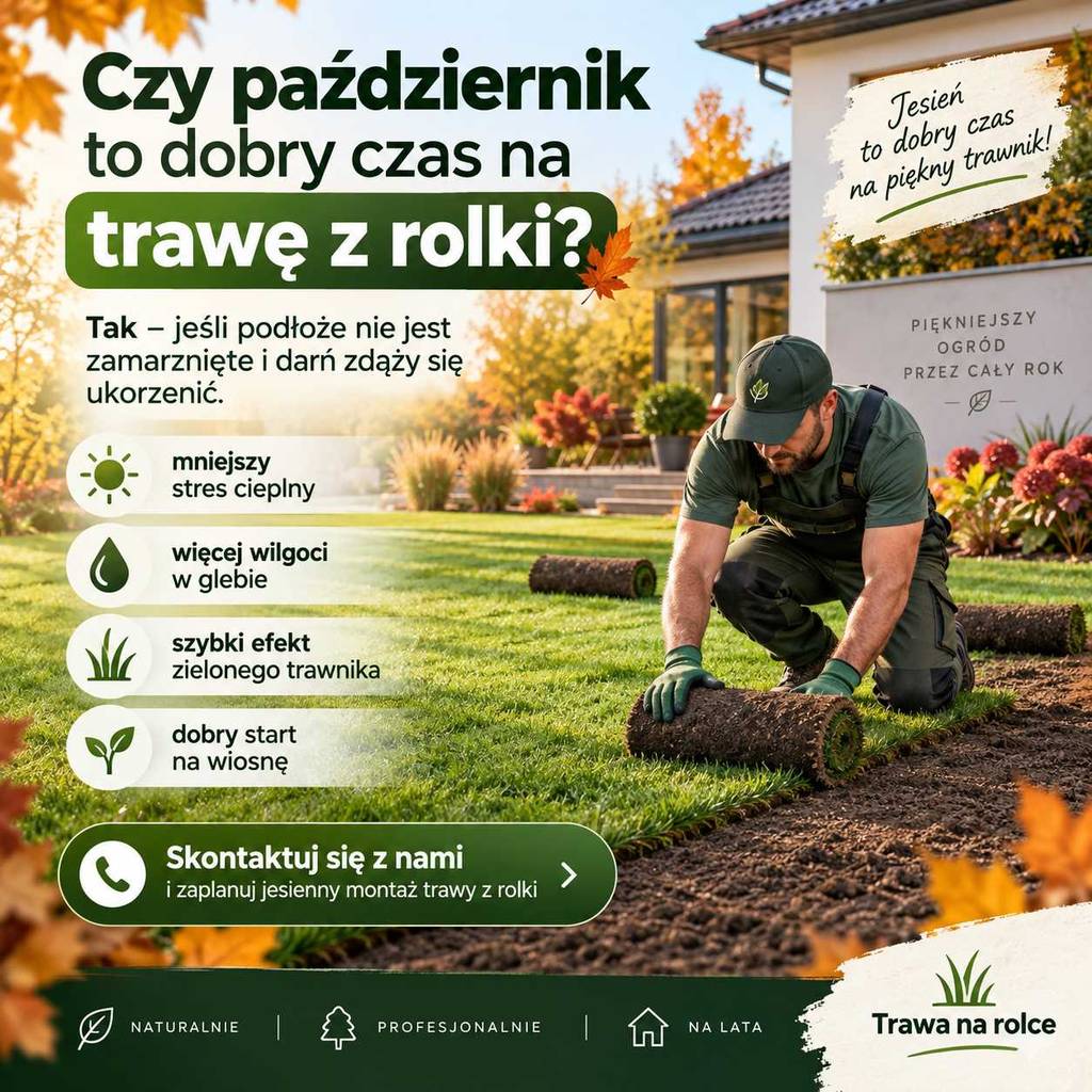 Czy październik to dobry czas na trawę z rolki? trawa z rolki w październiku jesienne zakładanie trawnika przygotowanie podłoża podlewanie i zielona darń przed zimą
