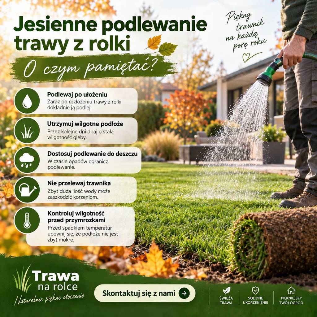 jesienne podlewanie trawy z rolki świeża darń w ogrodzie podlewanie zraszaczem pielęgnacja trawnika przed zimą