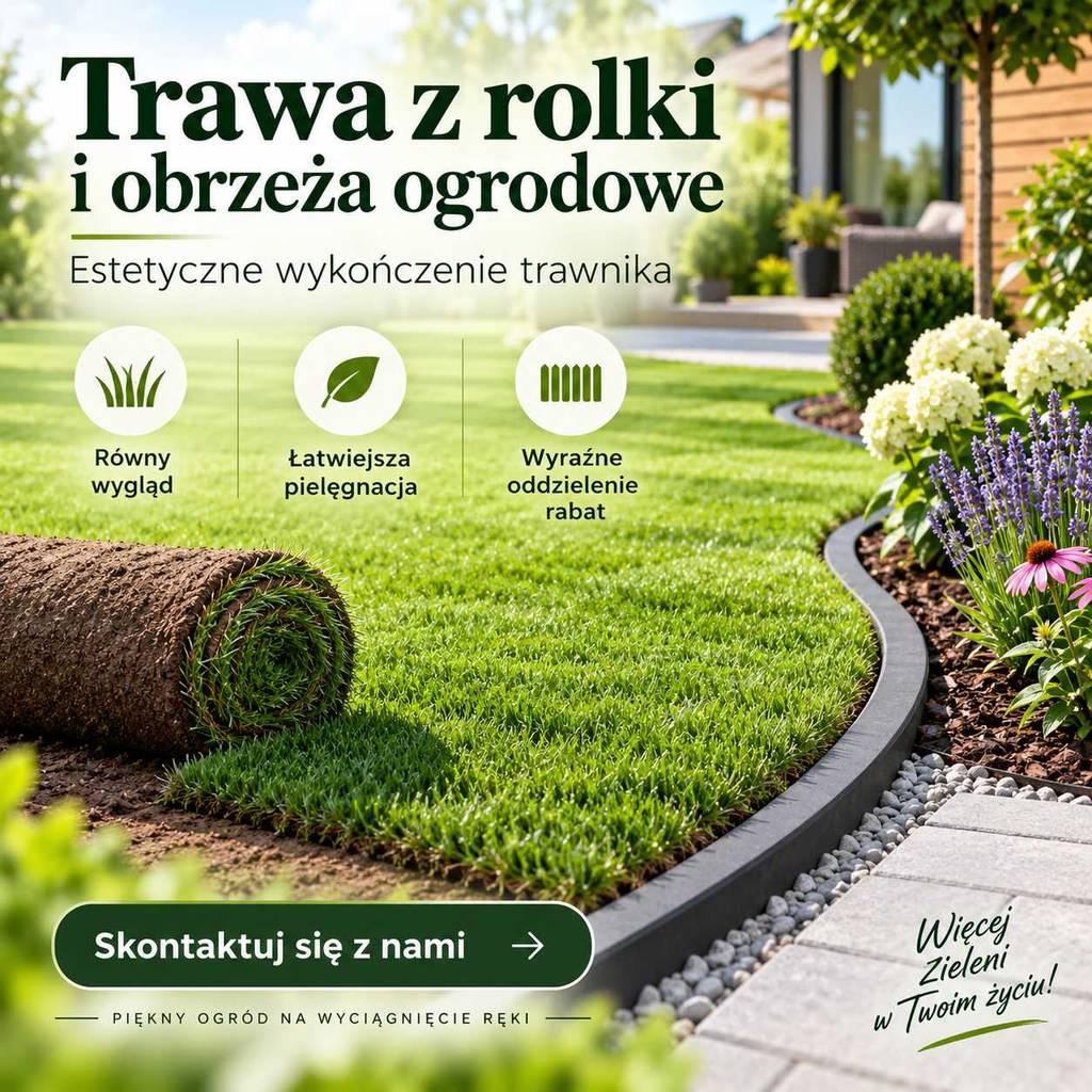 trawa z rolki i obrzeża ogrodowe estetyczne wykończenie trawnika oddzielenie darni od rabat ścieżek i kostki w ogrodzie