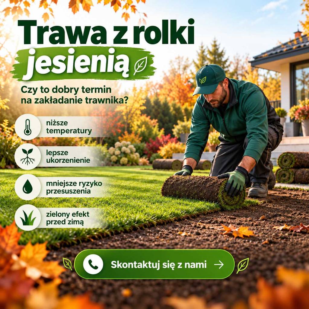 trawa z rolki jesienią zakładanie trawnika przed zimą zielona darń w ogrodzie jesienne przygotowanie podłoża i podlewanie