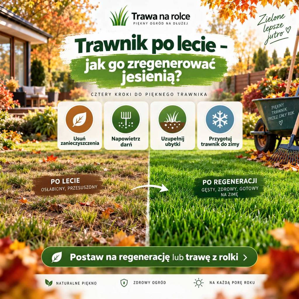 trawnik po lecie jesienna regeneracja darni usuwanie liści aeracja podlewanie i naprawa ubytków trawą z rolki