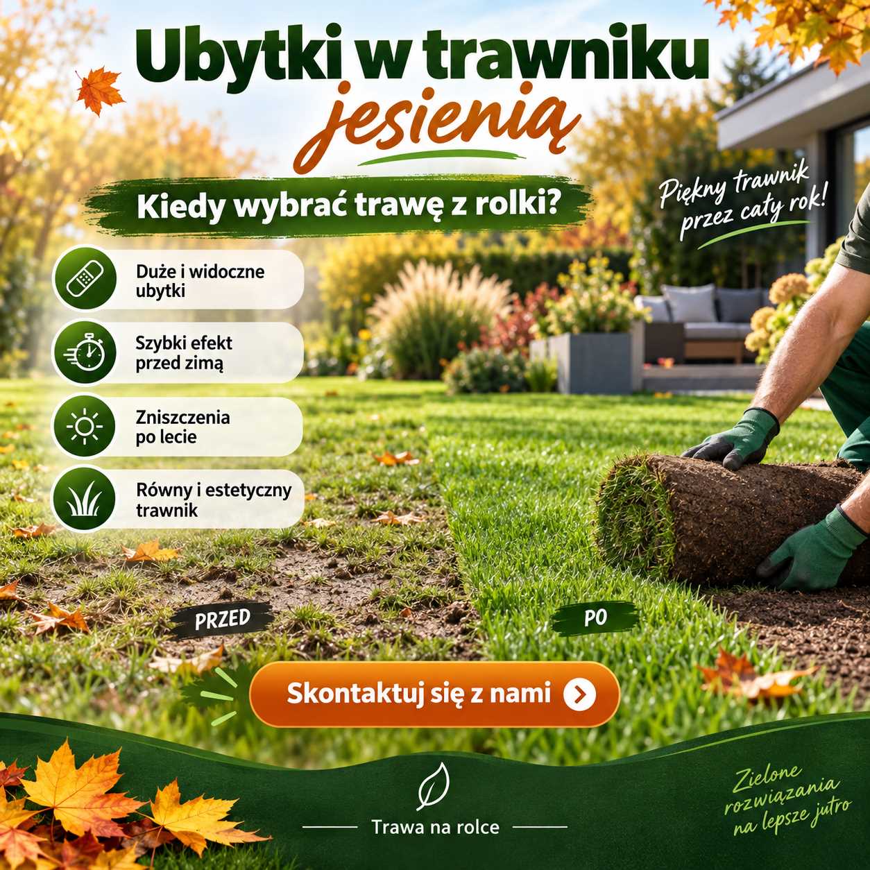 ubytki w trawniku jesienią naprawa darni trawą z rolki regeneracja trawnika po lecie i przygotowanie ogrodu przed zimą