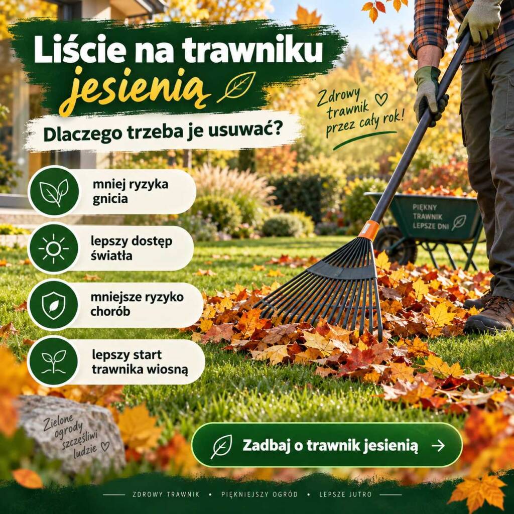 liście na trawniku jesienią usuwanie mokrych liści z darni pielęgnacja trawnika przed zimą zdrowa zielona trawa